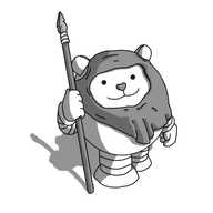 A robot that looks like an Ewok from Star Wars. It's round, with short, banded arms and legs and round, bear-like ears and a heart-shaped nose. It's carrying a spear tipped with a flint blade and has a ragged hood draped across its self, with a hole for its face. It's turning slightly towards the viewer, like the famous production shot of Warwick Davies in costume as Wicket during the filming of Return of the Jedi.