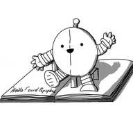 An open book, with a pop-up small robot protruding from the pages, supported by folded flaps. The robot is a single, flat piece with a fold down its centre. It is round with banded arms and legs and an antenna, and is smiling and waving. Text on one page below the robot reads: '"Hello!" said Popupbot.'