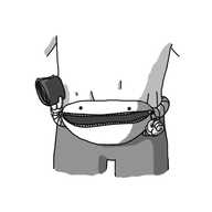 A person's lower torso and upper legs, with a robot in the form of a bumbag around its waist. The belt part is a banded limb, and it has two banded arms just in front of the point where this connects. The bag's zip is the robot's mouth, which it's pulling open with one hand, while another brandishes a wallet, holding up towards its wearer. The robot's eyes are just above its opening/mouth.