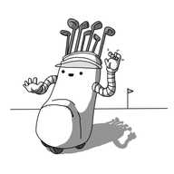A robot in the form of a golf bag, with a large pocket on the front. It has three wheels on its underside in a triangle formation and two banded arms. One hand is reaching up for the numerous gold clubs that protrude from its top, fingers wiggling, while the other is held out, perhaps to receive another club. The robot has a smiling face and wears a transparent visor. In the background is a perfectly flat area of ground and a little triangular flag in the distance.