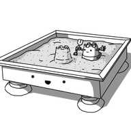 A robot in the form of a shallow, square sand pit (or sandbox), with four short, banded legs at each corner. Its face is on the forward facing side, below a narrow ledge that runs around its perimeter. Playing in the sand is Sandcastlebot (a robot in the form of a little castle-shaped bucket, holding a spade), that has made a sandcastle with itself and is regarding it proudly.