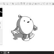A round robot with banded arms and legs and an antenna. It's positioned in the middle of a screenshot of my desktop while I'm using the program to draw it. There are various toolbars, palettes and other widgets around it, revealing the layers and brushes used to produce it. The robot is looking up at its surroundings, with a slightly ambiguous smile on its face.