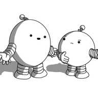 Two robots, each with banded arms and legs. One is tall and ovoid, with a coiled antenna, the other is short and spherical with a crooked antenna. The ovoid one is looking at its partner, arms held out and cheerfully saying something, while the spherical one holds out an arm as if gesturing to the audience, frowning in consternation at whatever has been said.