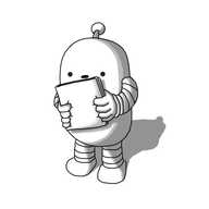 A pill-shaped robot with banded arms and legs and an antenna, holding a sheaf of papers that it's reading intently from.