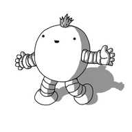 A round robot with banded arms and legs and a little spiky tuft of hair on its top. It looks pretty happy about it.