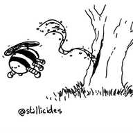 A smiley, ovoid robot, striped like a bumble bee, with six legs and two propellers sticking out from its back instead of wings, leading a swarm of bees out from a hollow in an old tree trunk.