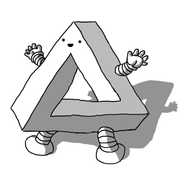 A robot in the form of a Penrose triangle (an optical illusion in which a 2-D rendering imitates the shape of a 3-D triangle except the perspective lines don't intersect correctly so that it can't be reconciled as a real shape), with banded legs on two sides at the bottom and banded arms on two other sides closer to the top. It has a smiling face at the apex. Sorry, this one is really tough to do an image description for since it relies on visual trickery...