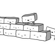 A three-layer high wall of bricks, all with little faces on them. Most of the lower bricks are happily sleeping (one is snoring) while the uppermost are awake with one standing and manoeuvring itself into position while two more look on from the ground.