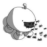 A lateral, ovoid robot on four banded legs with a short antenna and a wide open mouth, from which is spilling forth many small spiders. The robot seems quite happy about the arrangement.