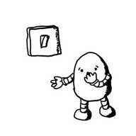 An ovoid robot standing next to a light switch in the 'on' position, holding a hand over its mouth as it makes a horrified expression.