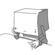 A robot with a large cuboid head and smaller body, seated at a table. Its jointed arms, confusingly, are connected to its head rather than its body, and it's resting its chin in one hand while the other taps on the table with its fingers. It wears an expression of concentration tinged with irritation.