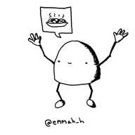 A dome-shaped robot with jointed arms and legs, holding up its hands with a big smile. It has a speech bubble with a bowl of steaming food in it.