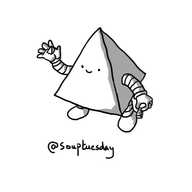A robot shaped like a four-sided pyramid (i.e. a D4, or 4-sided dice), cheerfully holding up an actual D4 in one hand and gripping a Lego brick in the other.