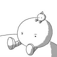 A spherical robot with banded legs sitting on top of a larger version of itself, with a smaller version of itself on top of it, and a smaller version on top of that one and so on to the limit of visibility. It has no mouth but its eyes convey an expression of confused frustration.