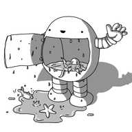An ovoid robot with a large door in its tummy that it's opening with a big smile. The cavity in its interior is filled up to the brim with water, and a lot more has poured out and has formed a puddle on the floor at its feet. Lots of drips also cascade off the robot. A grumpy octopus lurks inside the robot, while a fish flops on the floor and an angry-looking starfish languishes beside it.