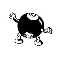 Simply an ambulatory magic 8-ball toy, with banded arms and legs. The transparent bottom where the answers are shown instead has a little floating robot face.