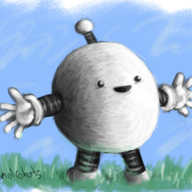 An oil-painting style picture of a generic small robot - spherical, with banded arms and legs and an antenna - standing in some grass in front of a blue sky. The robot is smiling and holding out its arms.