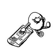 a round robot sitting next to a phone displaying a message conversation. one of its hands is covering a partially-visible picture in one message while the other covers its face as it looks away in disgust.