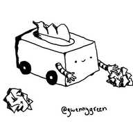 A robot in the form of a box of tissues with the dispenser on its top. It has four little wheels on the bottom and two banded arms, one of which is reaching for a scrunched-up tissue on the floor.