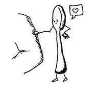 a robot shaped like a spoon with a concerned-looking face in the bowl. it's placing a comforting hand on someone's arm and has a speech bubble with a heart in it.