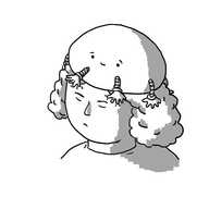 A dome-shaped robot on top of a person's head. It has a sympathetic smile and six banded arms arranged radially around its sides, the hands of two of which are gently rubbing at its wearer's temples.