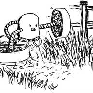 A capsule-shaped robot held aloft by a set of booster jets on its underside. It has long, banded arms with large, propeller-like spinning blades in narrow cylindrical housings on the end, which it is using to cut through long grass near a fence. Another attachment behind it holds a rounded bin on its side with which the robot is collecting the clippings. It looks really angry for some reason.