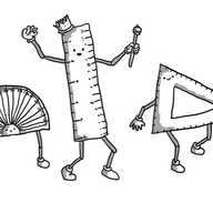 Three robots in the form of a protractor, a ruler and a set-square. Protractorbot has two jointed legs on its straight edge and its face in the central semi-circle. Rulerbot and Setsquarebot have jointed arms and legs. Rulerbot is also wearing a crown and carrying a sceptre.