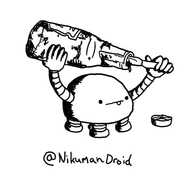 a dome-shaped robot with four short legs on its underside and two long arms. It's holding up an almost-empty bottle of ketchuo and rattling a knife around in the opening to get the last bits out. It has an expression of intense concentration with its little tongue sticking out.