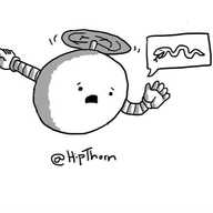 A spherical robot held aloft by a propeller on its top, pointing behind it with a frightened look on its face. A speech bubble is coming from its mouth with a picture of a snake in it.