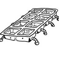 A robot in the form of a rectangular ice cube tray with a happy face on one of the short ends and little legs on each compartment along the sides.