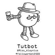 A spherical robot wearing a trilby and a pair of glasses, and holding a glass of gin and tonic. It's staring disapprovingly over its glasses and has one hand on its hip.