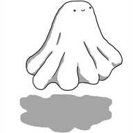 A hovering robot like a sheet draped over something round, with a smiley face on the front.