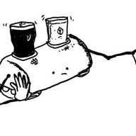 a long robot with caterpillar tracks and long, jointed arms. it has two receptacles, one marked with a flame symbol and one with a frost symbol - a pint of Guinness is in the hot one and lager in the cold one. the robot looks very bored and is resting on one hand while the fingers of the others tap restlessly.