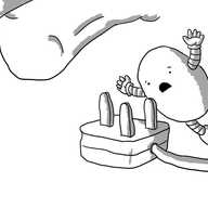 An ovoid robot desperately flinging itself at an upturned three-prong plug as a human foot hovers above.