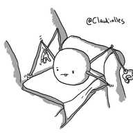 A largish spherical robot with four long, jointed arms and no legs. It's perched on a sofa cushion with one hand down the back, one hand going underneath, one grasping a coin and the other hovering, its fingers waggling in anticipation. Its expression is one of utmost concentration, complete with little tongue sticking out.