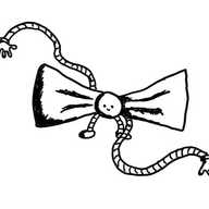 a robot shaped like a bow-tie, with its head as the knot in the centre. it has little banded legs and long, flexible banded arms that are waggling around on either side.