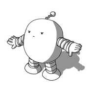 A rounded robot with banded arms and legs and a zigzag antenna, wearing a determined expression and holding its arms out at its sides as if bracing for something.