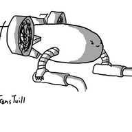 A robot shaped like a blimp with dorsal and ventral fins at the back and two large, semi-enclosed fan engines on either side. It has a slightly worrying smile on its little face and is gripping the handles of a wheelchair with its banded arms as it zooms forward.