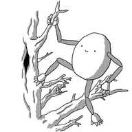 An ovoid robot with long, jointed limbs perched on the branch of a tree. Its feet are an additional pair of hands.