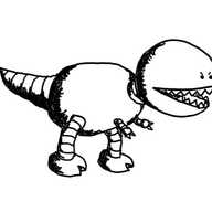 a robot that looks like a tyrannosaurus-rex, with a big round head with a chomping, fang-filled mouth and little angry eyes