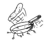 a frying pan robot with two little arms and four legs, joyfully bucking up its back end in order to flip a pancake