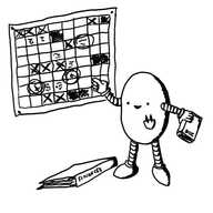 An elongated ovoid robot holding a diary in one hand while gesturing to a complicated-looking wall chart with the other. A folder labelled 'FINANCES' is on the floor next to it and it has a little breast pocket with two pens in it. It looks very cheerful.