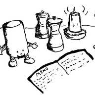 a cylindrical robot standing on a table in a restaurant with salt and pepper pots, a candle and a glass of wine. the menu is open in front of it and its arms are extended invitingly as it holds up a picture of a dish. the robot is smiling and also wears a black bow-tie.