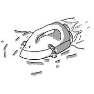 A little robot in the form of an iron with arms and rocket boosters at the back. It's zooming over some creased fabric with a determined expression on its face, one hand clenched into a fist and the other pointing straight forward as if identifying its next target.