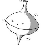 A robot in the form of a child's spinning top, wobbling from side to side with a nauseous look on its face.