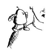 a rounded robot standing on someone's shoulder with one hand held to their mouth as if imparting a secret and a concerned expression on its face