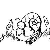 a little robot that looks like a snail, but with tiny arms and little caterpillar tracks, is smiling as it hands a leaf to an actual snail, while a flower stands unmolested in the background.