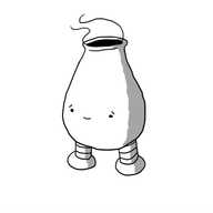 A robot shaped like a pear with a lipped hole at the top from which some sort of vapour is wafting. It has two banded legs at the bottom and an expression of gentle sympathy on its face.