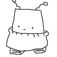 A trapezoidal robot with two zigzaging antennae, caterpillar tracks and a tiny little face with a blank expression. It's wrapped up in a jumper and looks very cozy.