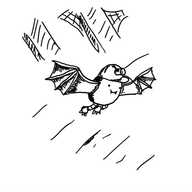 an ovoid robot with bat-like wings, little clawed feet and a hardhat with miners' lap  flying through a darkened attic. It's smiling and has little vampire fangs.